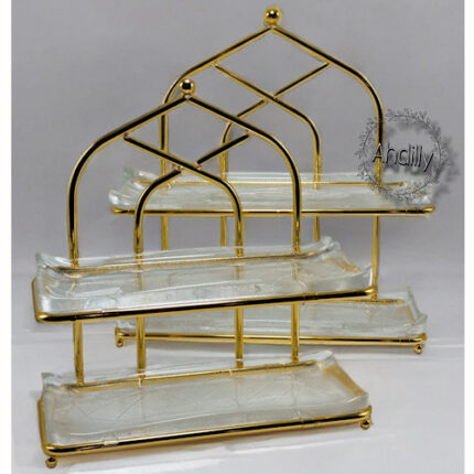 Porte-gâteau 2 étages doré avec assiettes en verre