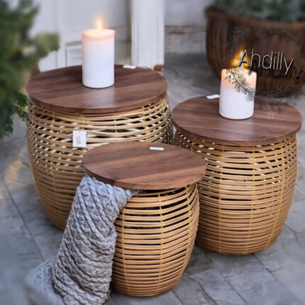 Panier de rangement / cache-pot / table en rotin avec couvercle en bois