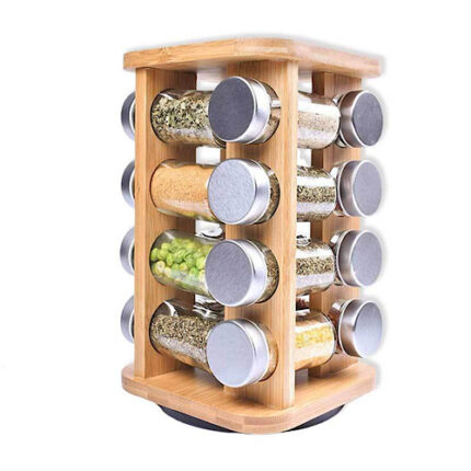 Présentoir carrousel à épices en bois avec 16 pots