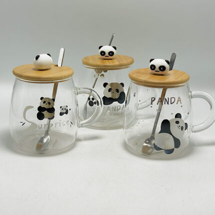 Mug transparent Panda avec couvercle en bois et cuillère