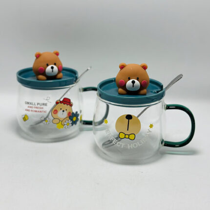 Mug en verre avec couvercle motif ours et cuillère