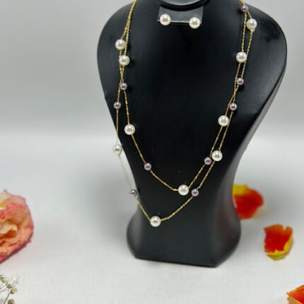 parure 2 pièces Collier double rang perlé en acier inoxydable