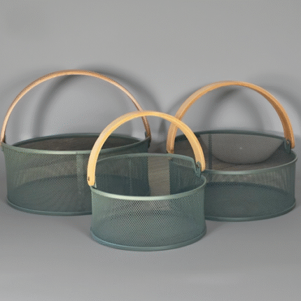 Trio de paniers en métal grillagé vert – style vintage & praticité