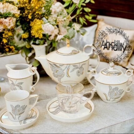 Service à Café & Lait Blanc Avec  Motifs Floraux Gris