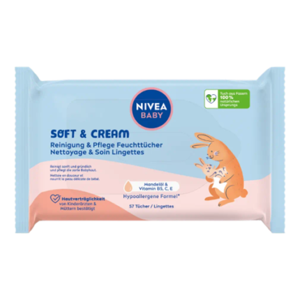 Lingettes Soft & cream aux vitamines B5, C, E et huile d'amande – Nivea Baby peaux délicates 57 pièces