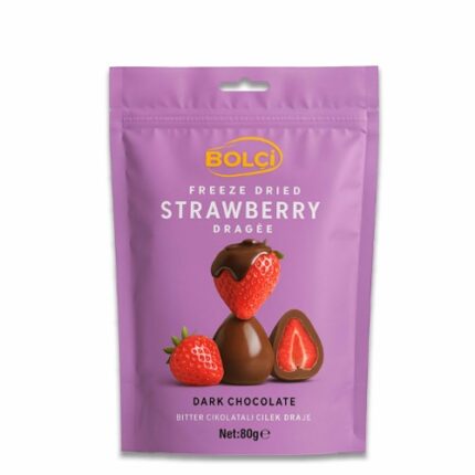 Paquet de dragées fraises enrobées de chocolat Noir « Freeze Dried Strawberry » – Bolçi 80g