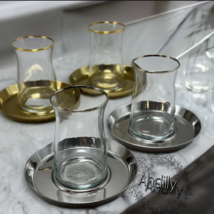 Service à thé turc avec verre et assiette en acier inoxydable – Élégance orientale