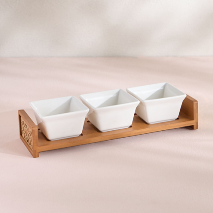 Porte fruits secs 3 compartiments avec assiette en bois – Plateau de présentation élégant