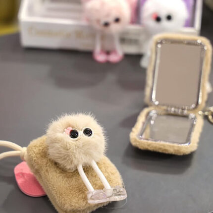 Miroir de Poche Cute avec Fourrure, Pompon & Yeux