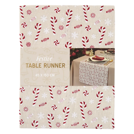 Chemin de table de Noël – Sucre d’orge et flocons de neige 45 × 150 cm